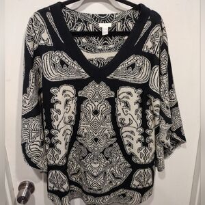 Chico's Women's Boho Print V-Neck Sweater Poncho Top Sz S/M-Festival Lagenlook